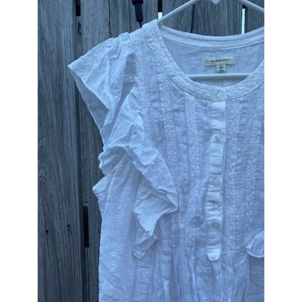 Max Studio White Ruffle Sleeve Eyelet Cotton Blend Shift Dress A902E60A Womens L - Picture 5 of 6